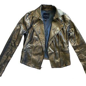 Rock & Republic stretch gold metallic fitted zipper denim jacket Size S